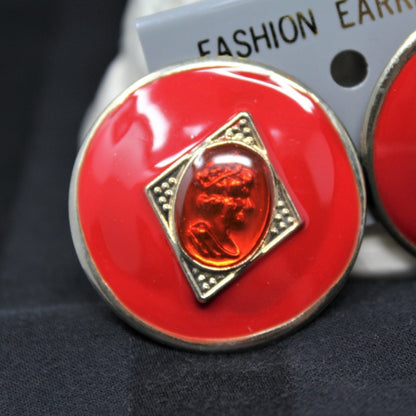 Earrings, Queen Cameo, Red Enamel, Posts, Vintage