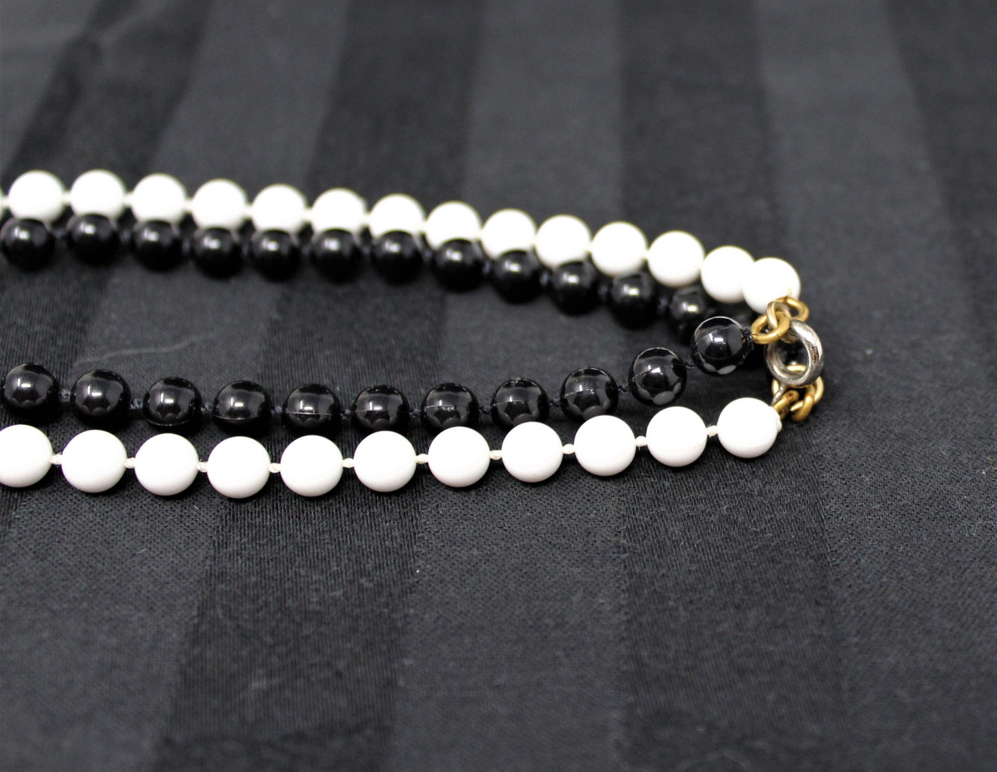 Necklace, Two Strand, Black and White Beads, 36", Retro, Vintage