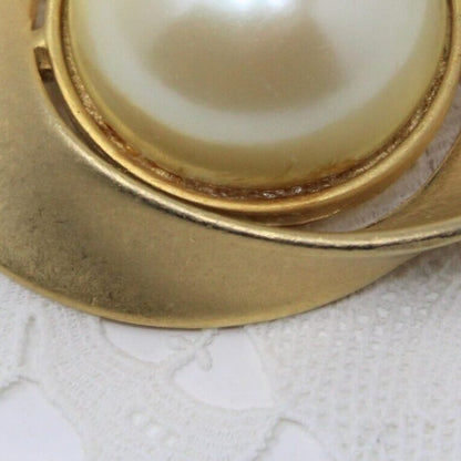 Brooch / Pin, Abstract Brushed Gold-Tone & Simulated Pearl, Vintage