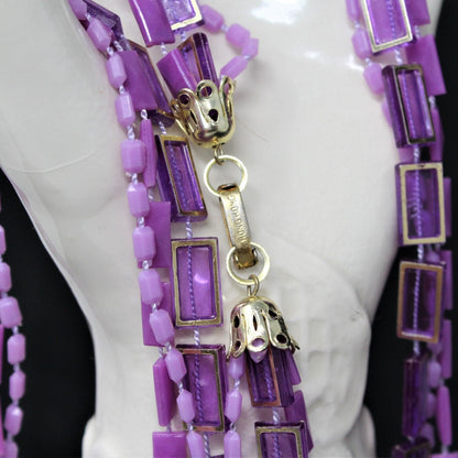 Necklace, Three Strand Purple & Violet Beads, 48", Hong Kong, Vintage