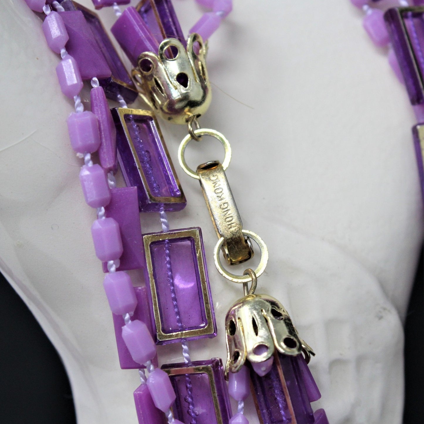 Necklace, Three Strand Purple & Violet Beads, 48", Hong Kong, Vintage