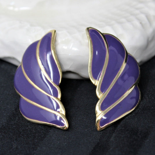 Earrings, Purple Enamel on Gold-Tone, Clips, 1980's, Vintage