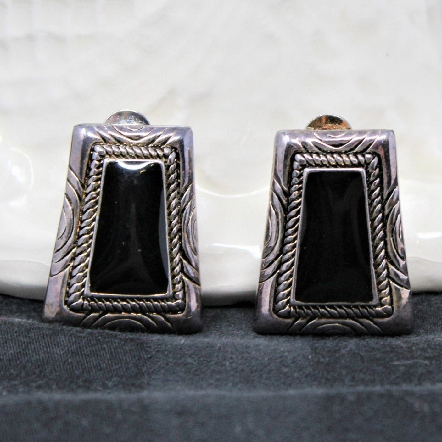 Earrings, Premier Designs, Black Stone on Silver, Clips, 1990's, Vintage