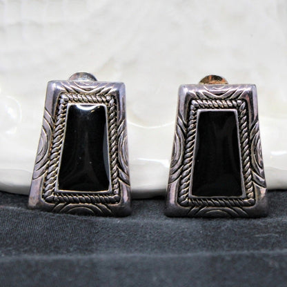 Earrings, Premier Designs, Black Stone on Silver, Clips, 1990's, Vintage