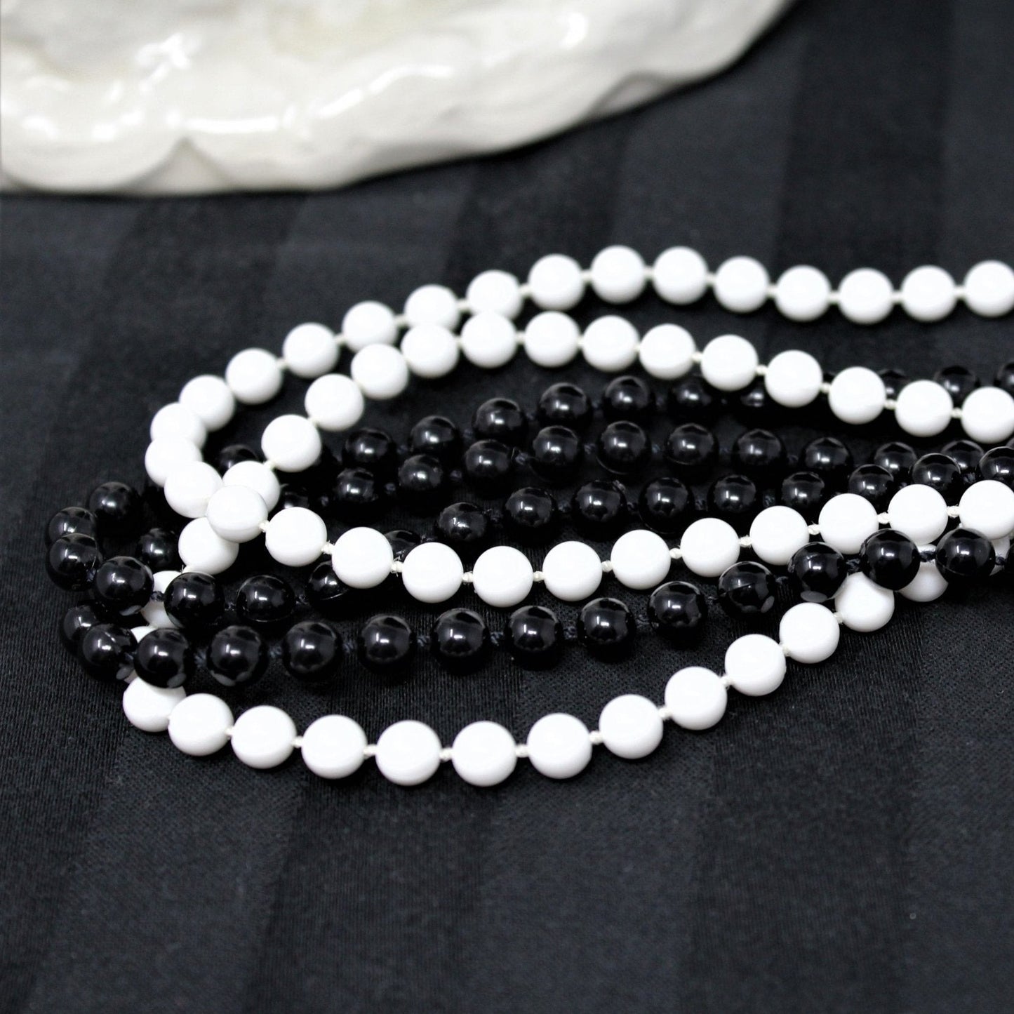 Necklace, Two Strand, Black and White Beads, 36", Retro, Vintage