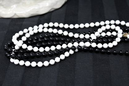 Necklace, Two Strand, Black and White Beads, 36", Retro, Vintage