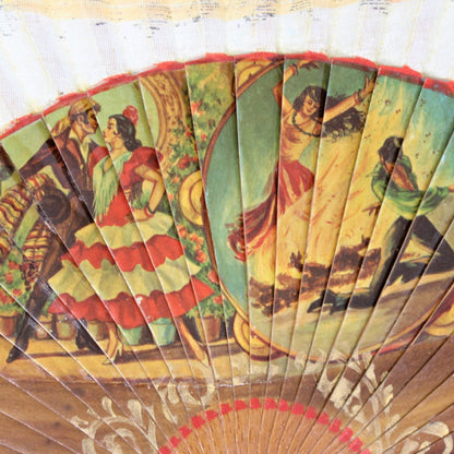 Hand Fan, Spanish Style, Flamenco Dancers / Bull Fighters, Hand Painted Wood, Vintage