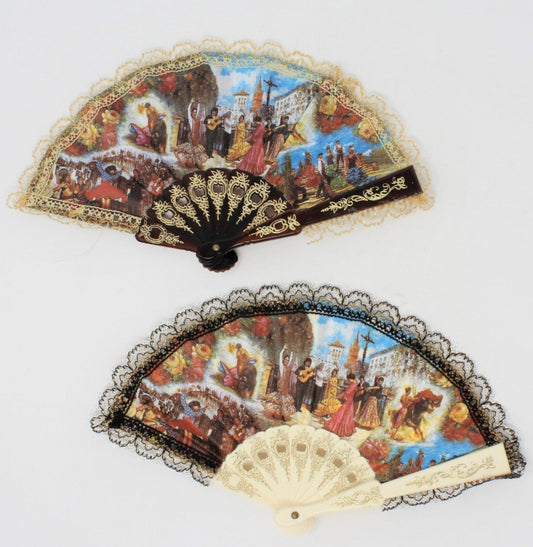 Hand Fan, Spanish Style, Flamenco Dancers / Bull Fighters, Printed Cloth, Small, Set of 2, Vintage