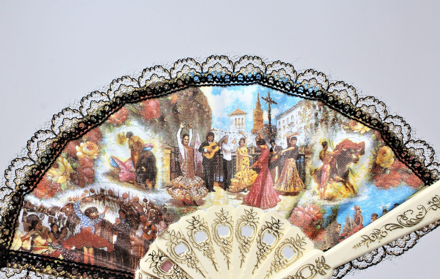 Hand Fan, Spanish Style, Flamenco Dancers / Bull Fighters, Printed Cloth, Small, Set of 2, Vintage