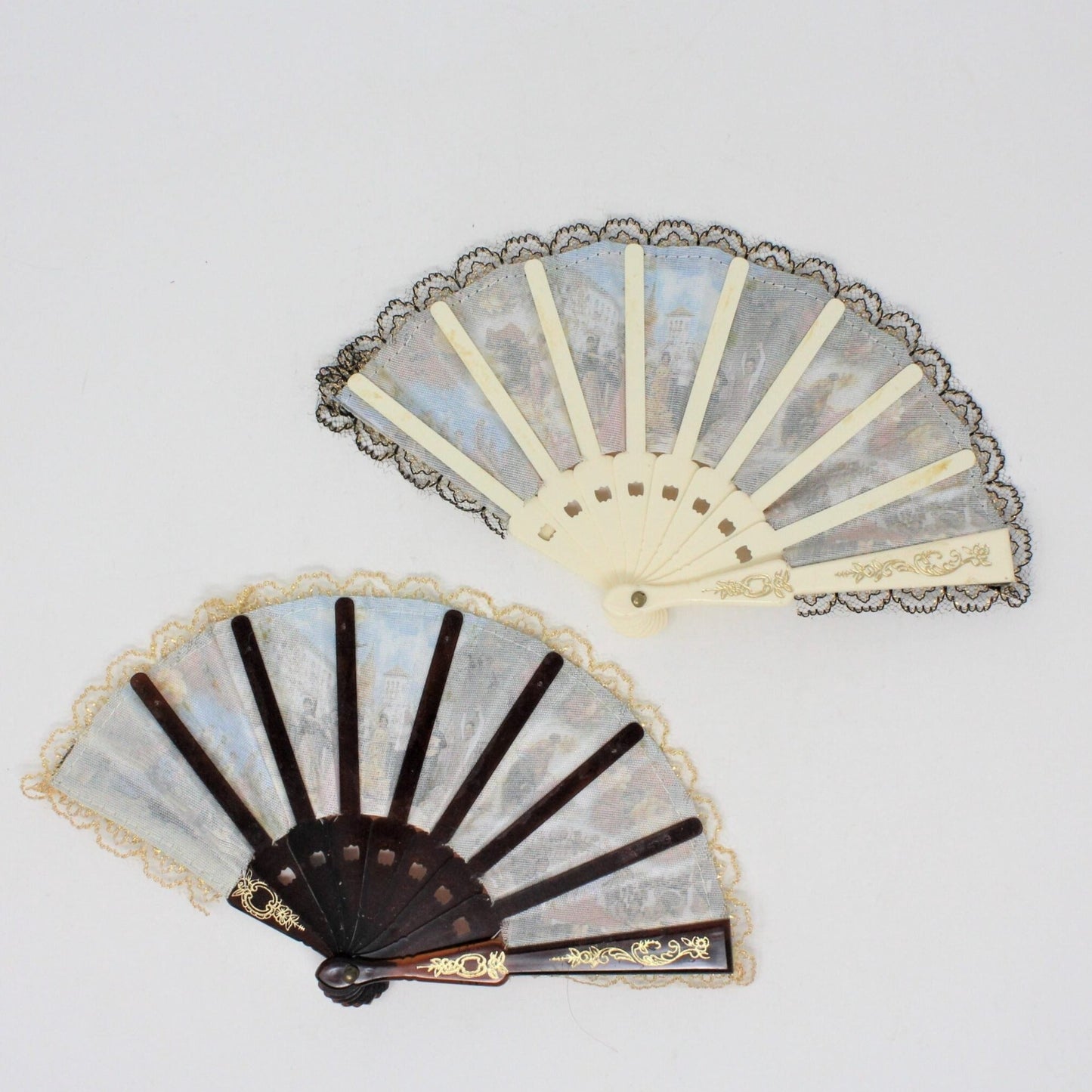 Hand Fan, Spanish Style, Flamenco Dancers / Bull Fighters, Printed Cloth, Small, Set of 2, Vintage