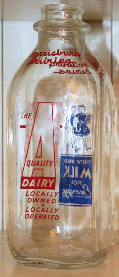 Milk Bottle: Harrisburg Dairies, Red & Blue Pyro, Square, Harrisburg PA, Vintage 1950s - SOLD