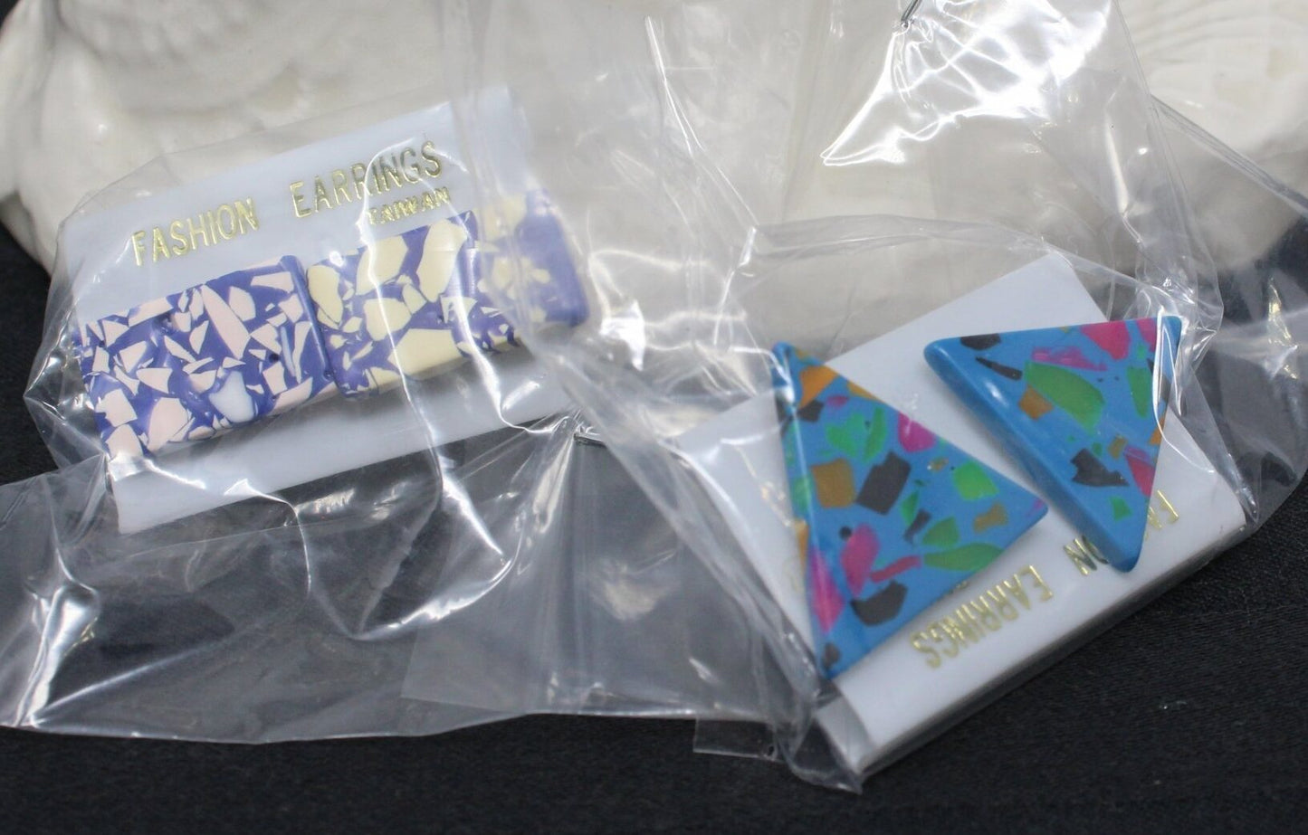 Earrings, MCM Geometric Terrazzo, Triangles & Rectangles, 2 Pairs, Posts, Vintage