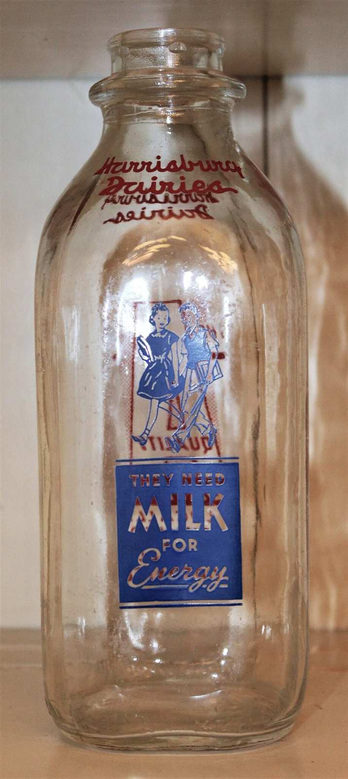 Milk Bottle: Harrisburg Dairies, Red & Blue Pyro, Square, Harrisburg PA, Vintage 1950s - SOLD