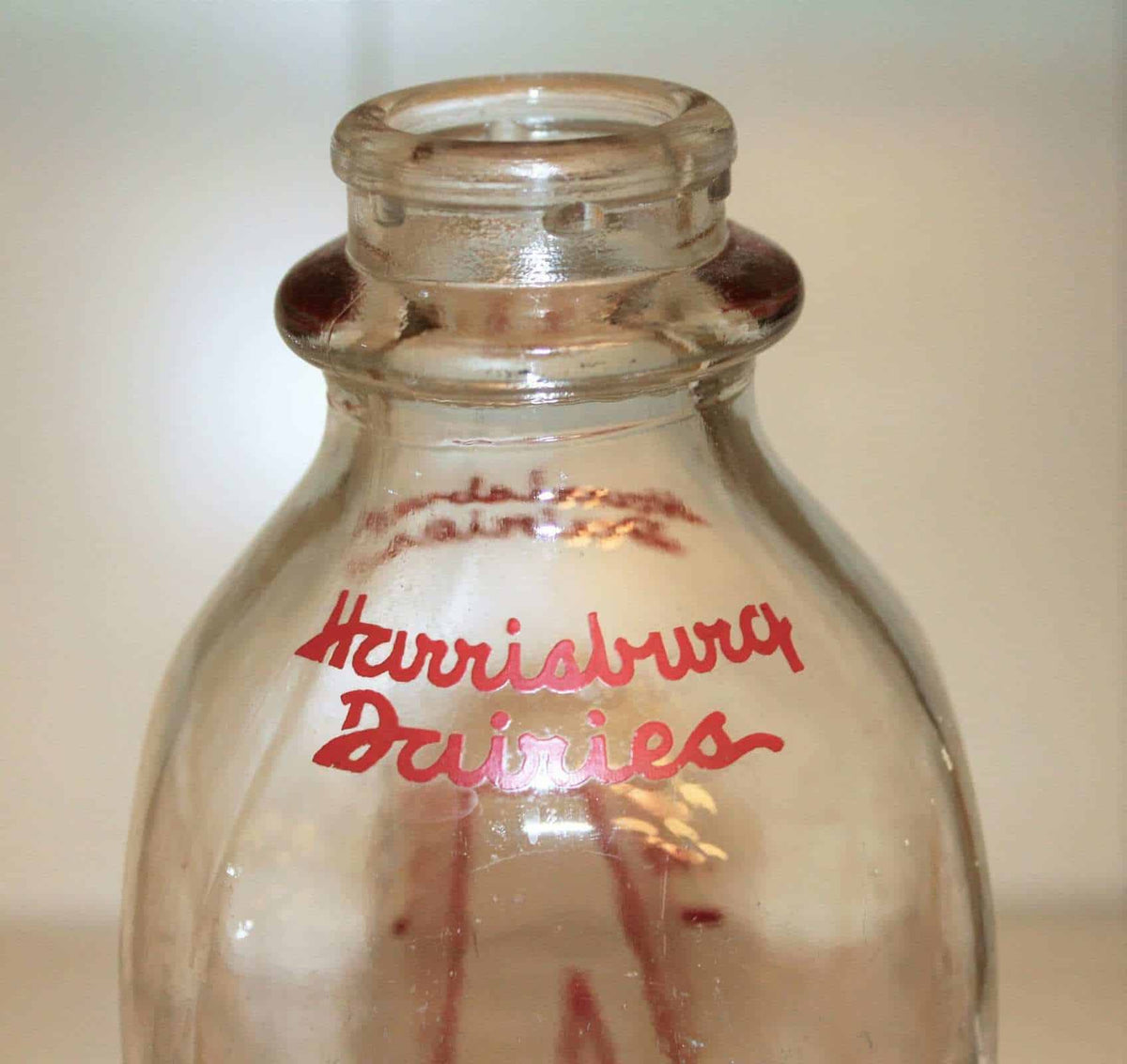 Milk Bottle: Harrisburg Dairies, Red & Blue Pyro, Square, Harrisburg PA, Vintage 1950s - SOLD