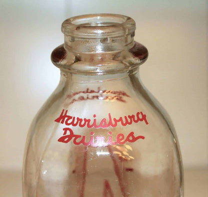Milk Bottle: Harrisburg Dairies, Red & Blue Pyro, Square, Harrisburg PA, Vintage 1950s - SOLD