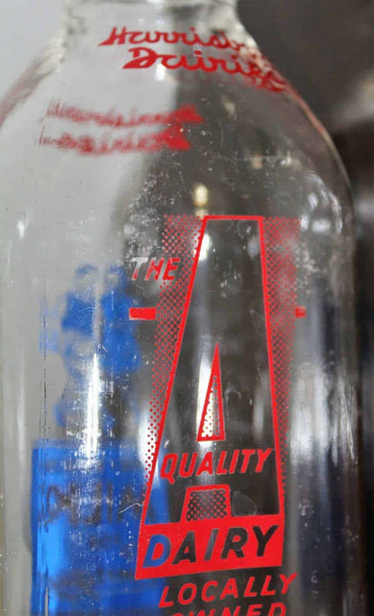Milk Bottle: Harrisburg Dairies, Red & Blue Pyro, Square, Harrisburg PA, Vintage 1950s - SOLD