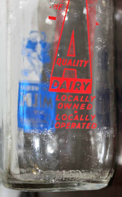 Milk Bottle: Harrisburg Dairies, Red & Blue Pyro, Square, Harrisburg PA, Vintage 1950s - SOLD