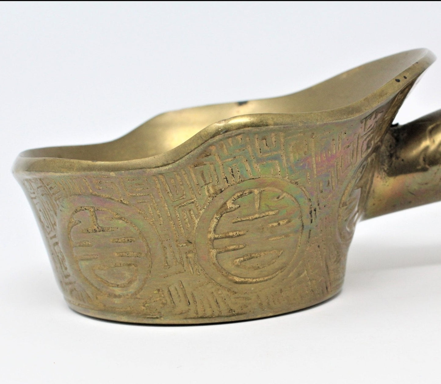 Chinese Silk Iron / Grain Scoop / Ladle, Brass & Wood Handle, Double Happiness, Vintage
