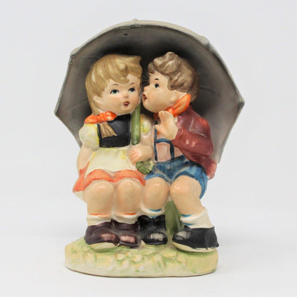 Figurine, Lefton, Boy & Girl with Umbrella, Hummel Style Hand Painted, Vintage
