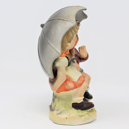 Figurine, Lefton, Boy & Girl with Umbrella, Hummel Style Hand Painted, Vintage