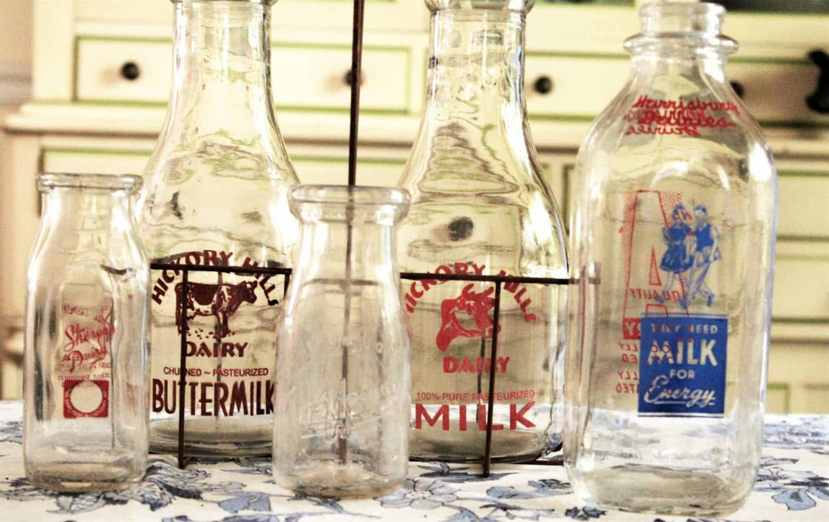 Milk Bottle: Harrisburg Dairies, Red & Blue Pyro, Square, Harrisburg PA, Vintage 1950s - SOLD