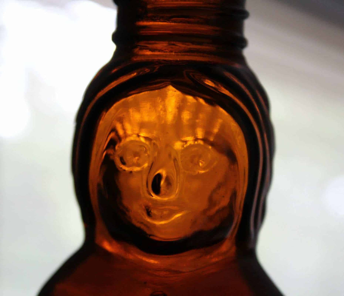 Syrup Bottle: Mrs Butterworth's, Amber Glass, 10", Thatcher Manufacturing, USA, Vintage 1980 - SOLD
