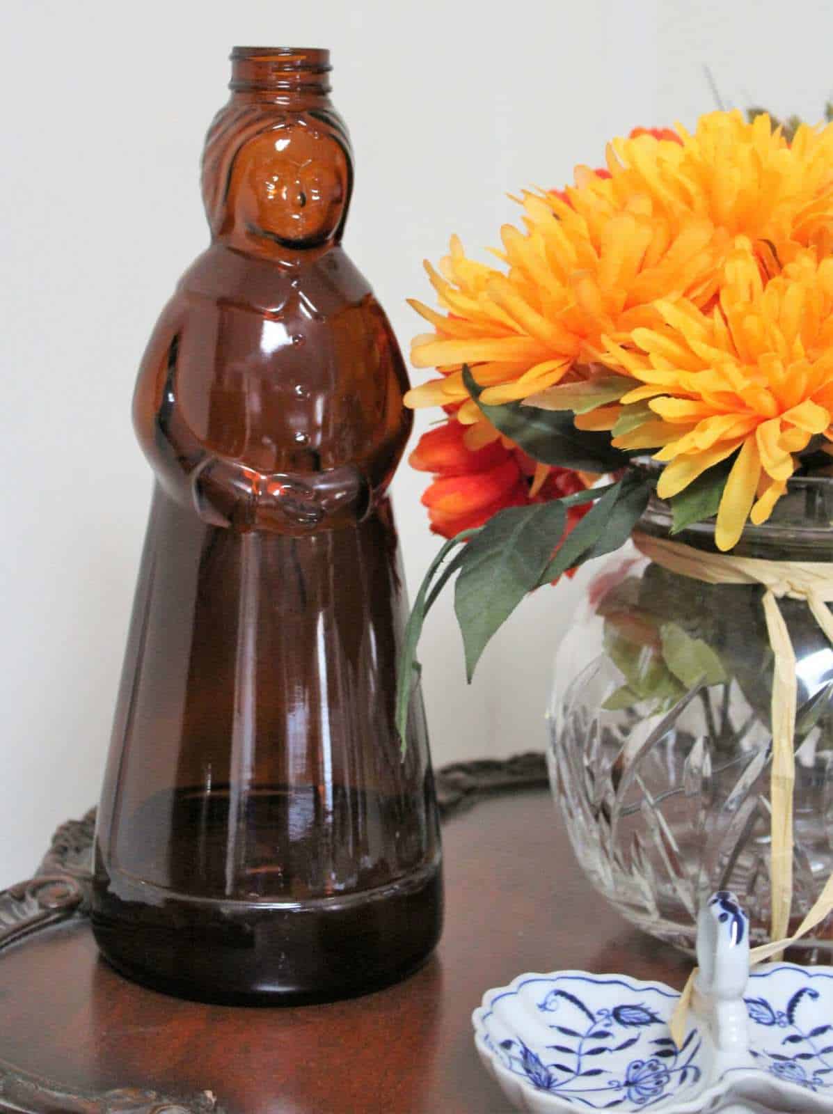 Syrup Bottle: Mrs Butterworth's, Amber Glass, 10", Thatcher Manufacturing, USA, Vintage 1980 - SOLD