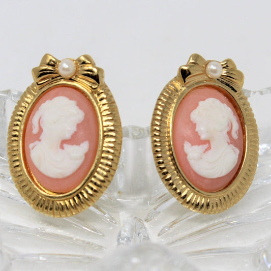 Earrings, Avon, Pink Cameo with Bow & Pearl Accents, Gold Tone Posts, Vintage