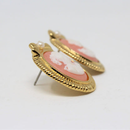 Earrings, Avon, Pink Cameo with Bow & Pearl Accents, Gold Tone Posts, Vintage