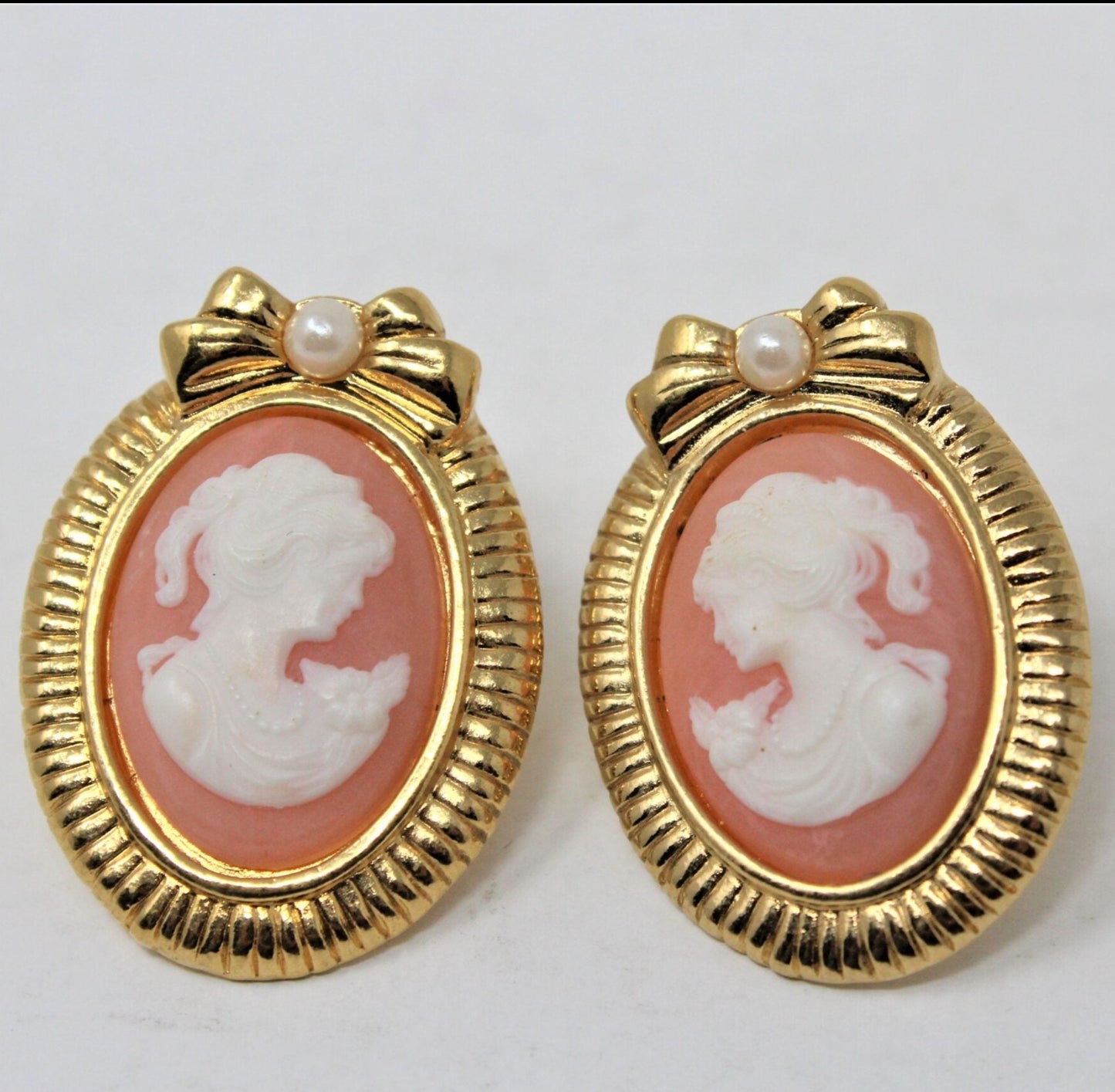 Earrings, Avon, Pink Cameo with Bow & Pearl Accents, Gold Tone Posts, Vintage