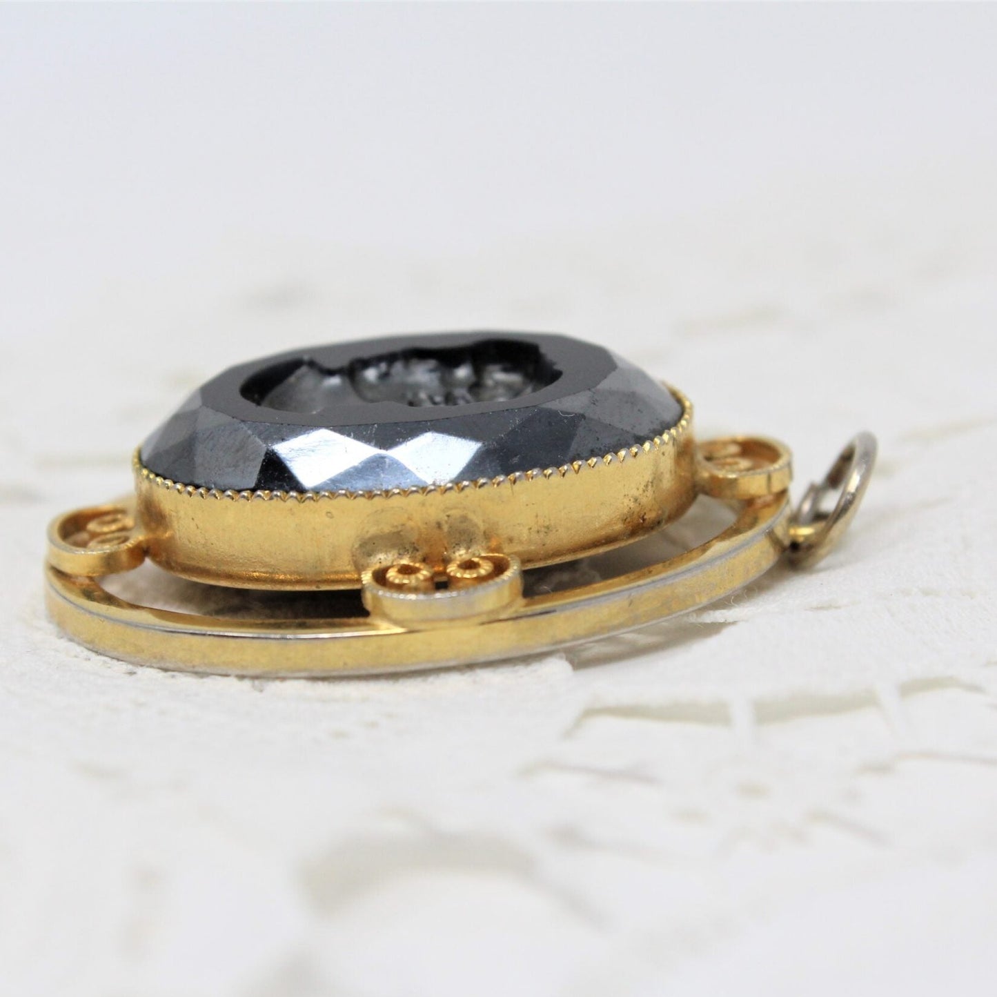 Pendant, Cameo Black Intaglio with Gold-Tone Filigree, Vintage