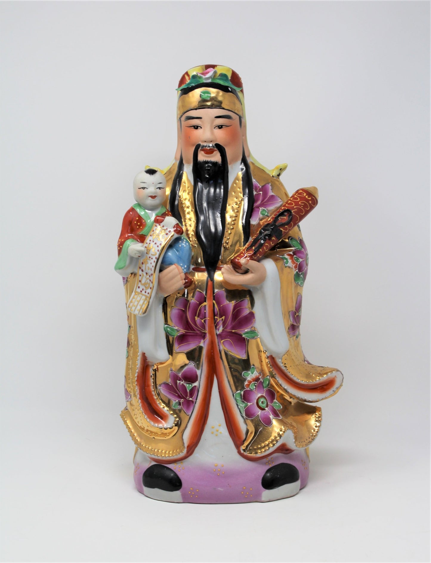 Figurine, Chinese Immortals, Lucky Fu, Lu, Shou, Hand Painted, 14", Vintage