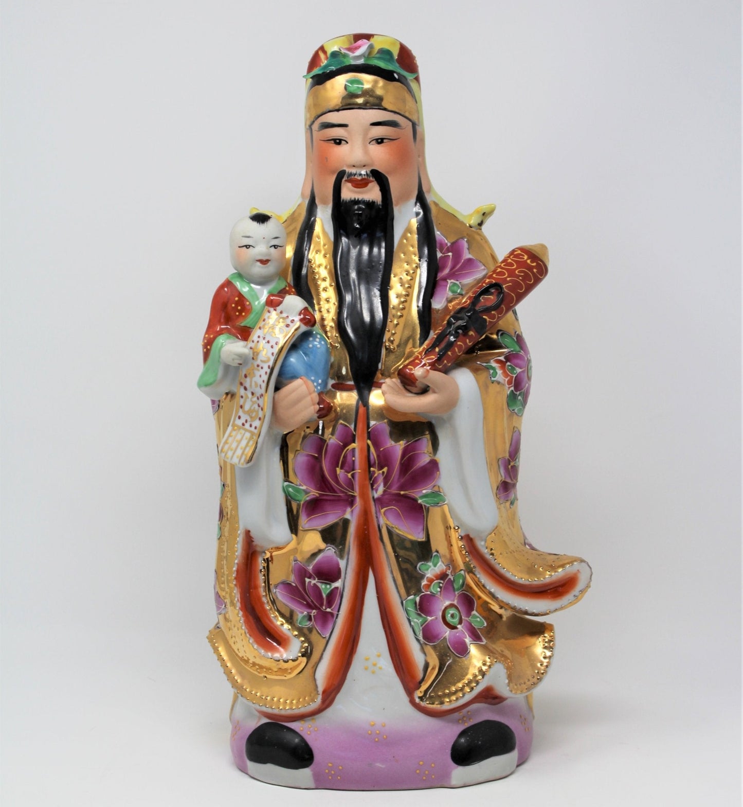 Figurine, Chinese Immortals, Lucky Fu, Lu, Shou, Hand Painted, 14", Vintage