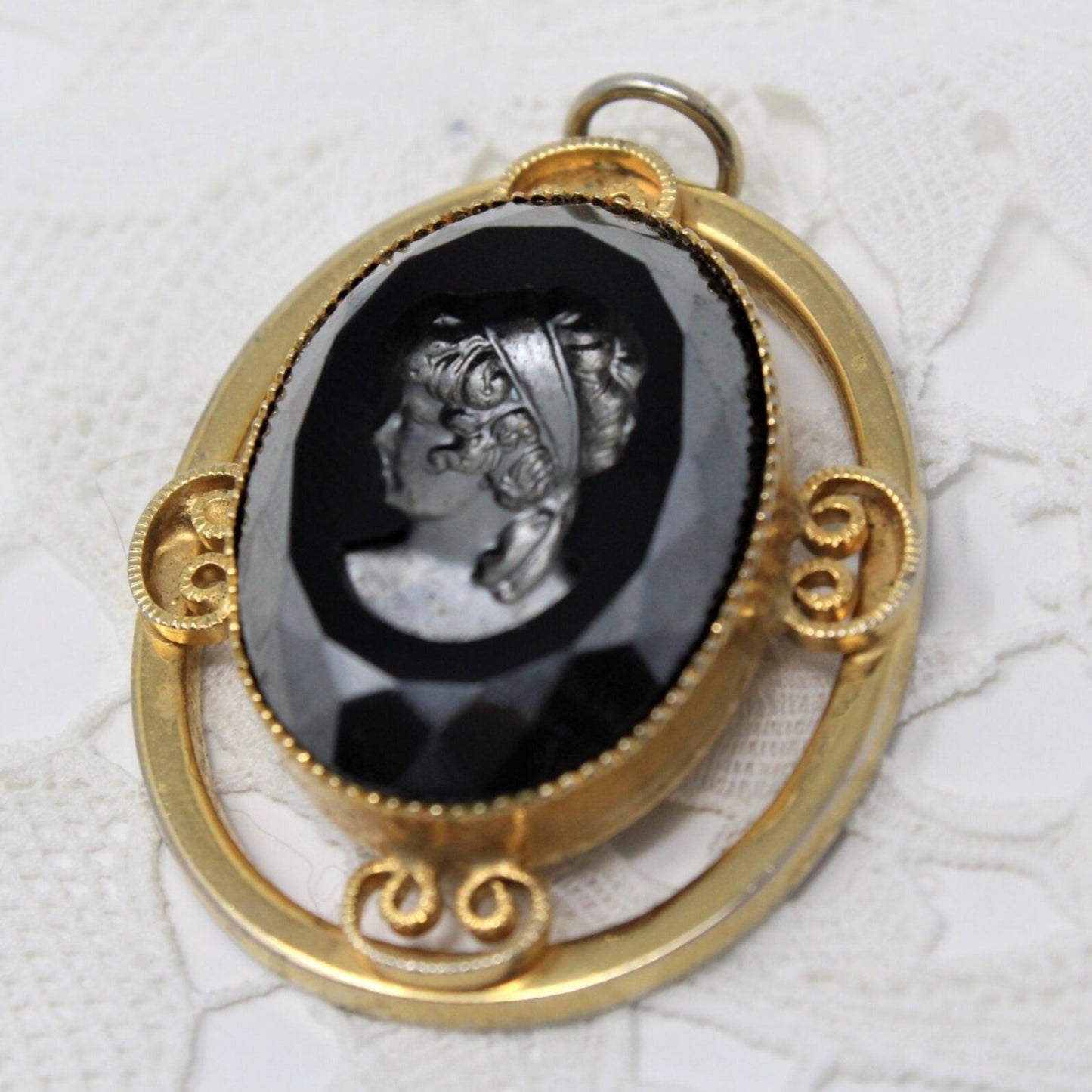 Pendant, Cameo Black Intaglio with Gold-Tone Filigree, Vintage