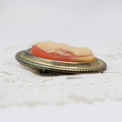 Brooch / Pin, Cameo on Pink/Rose Background, Gold-Tone, Vintage