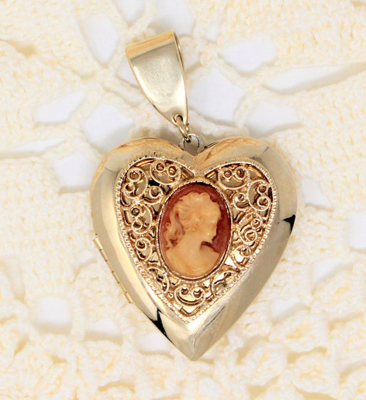Pendant, Cameo on Heart Shaped Locket, Filigree, Gold-Tone, Vintage