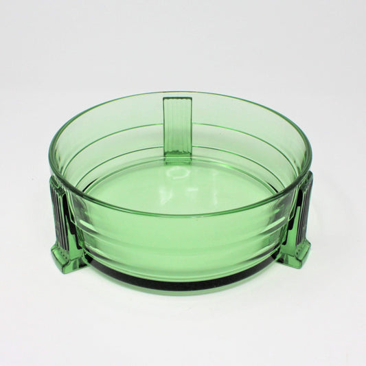 Bowl, Art Deco Style Green Glass, Three Footed, Vintage