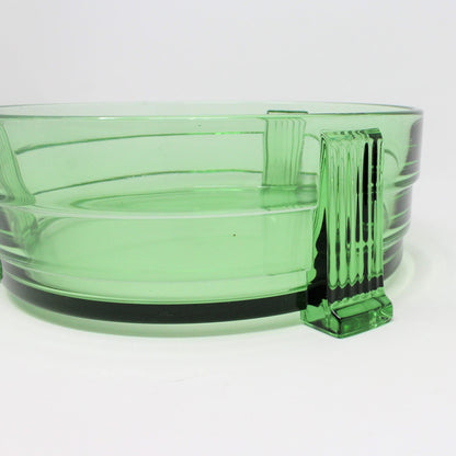 Bowl, Art Deco Style Green Glass, Three Footed, Vintage