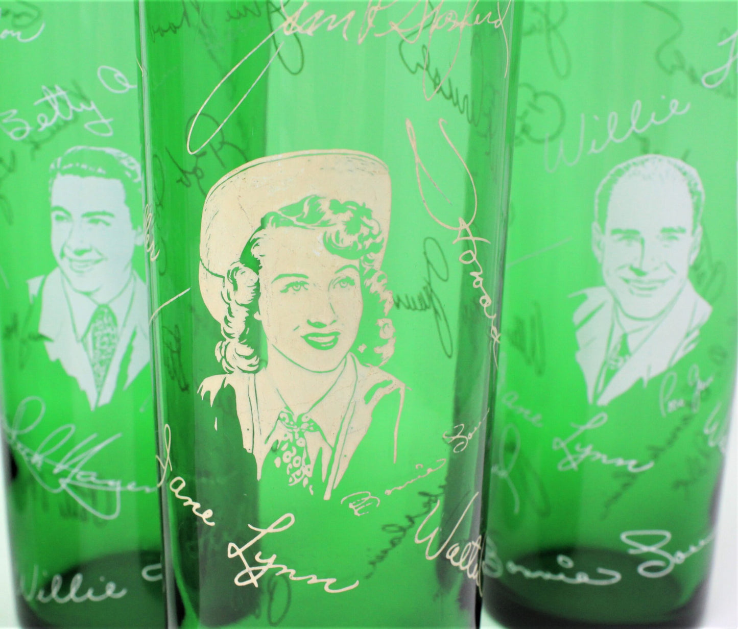 Glasses, Cocktail / Highball, Midwestern Hayride, Pyroglaze Green Glass, Set of 8, Vintage