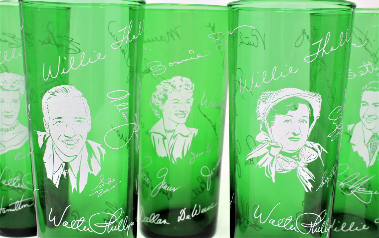Glasses, Cocktail / Highball, Midwestern Hayride, Pyroglaze Green Glass, Set of 8, Vintage