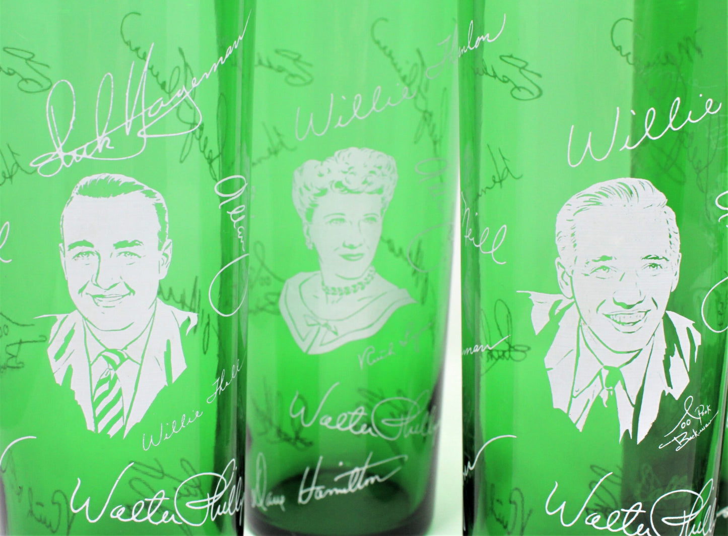 Glasses, Cocktail / Highball, Midwestern Hayride, Pyroglaze Green Glass, Set of 8, Vintage