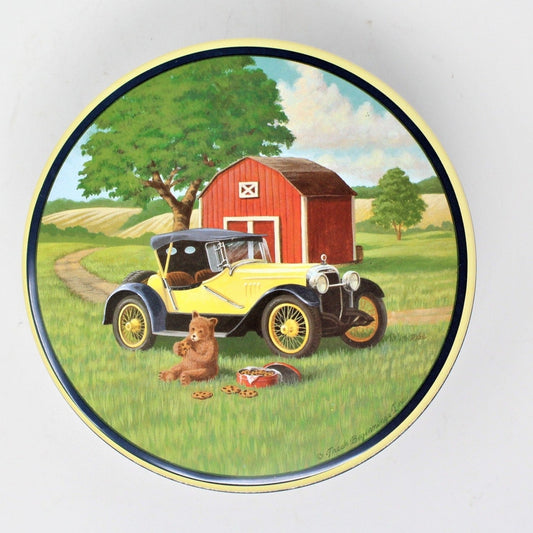 Gift Tin / Cookie Tin, 1930's Roadster, Red Barn & Bear, 7" Round