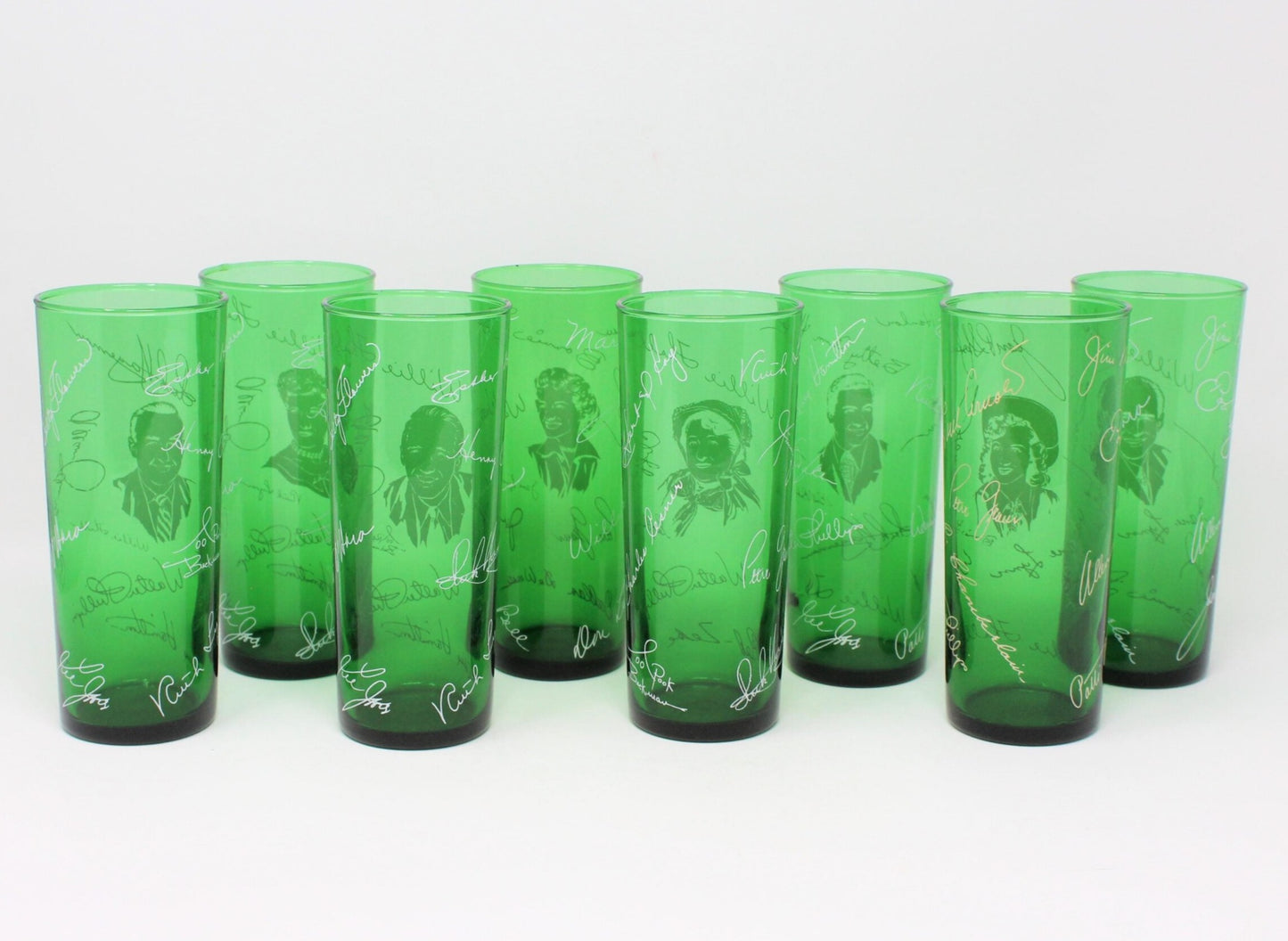 Glasses, Cocktail / Highball, Midwestern Hayride, Pyroglaze Green Glass, Set of 8, Vintage
