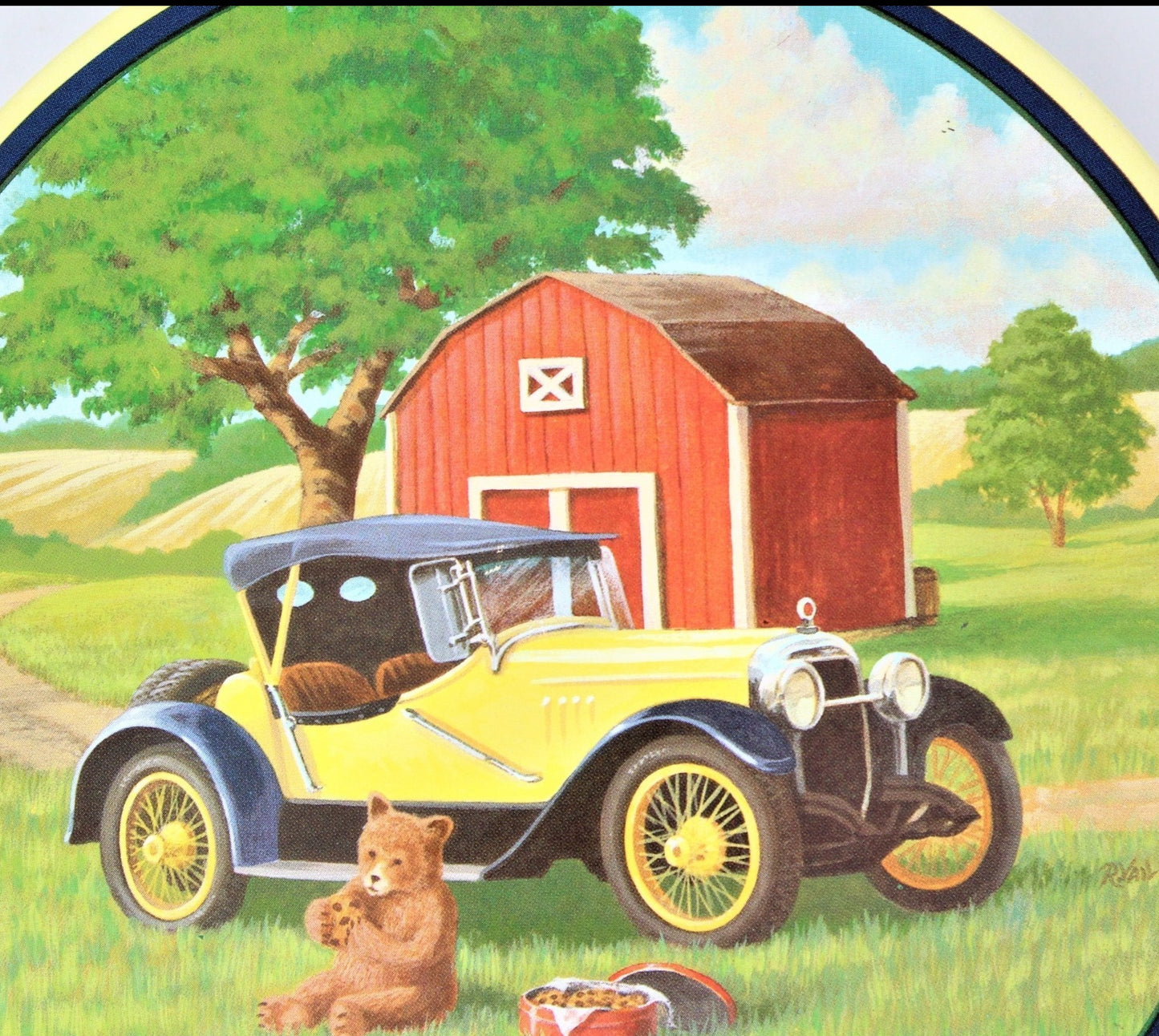 Gift Tin / Cookie Tin, 1930's Roadster, Red Barn & Bear, 7" Round