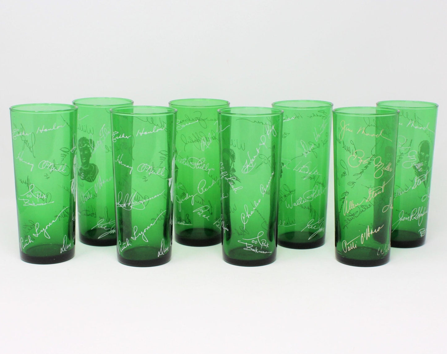 Glasses, Cocktail / Highball, Midwestern Hayride, Pyroglaze Green Glass, Set of 8, Vintage