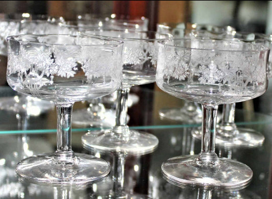 Champagne / Tall Sherbet, Monongah, Roseland, Antique Blown Glass, Set of 4