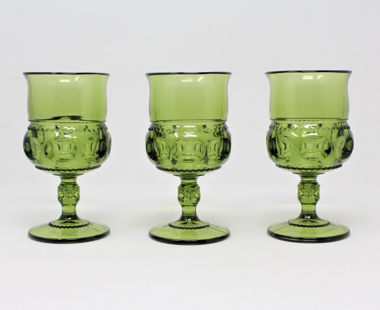 Water Goblets, Tiffin, King's Crown (Thumbprint) Green, Set of 3, Vintage