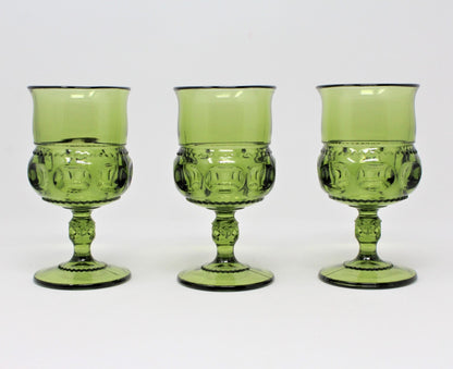 Water Goblets, Tiffin, King's Crown (Thumbprint) Green, Set of 3, Vintage