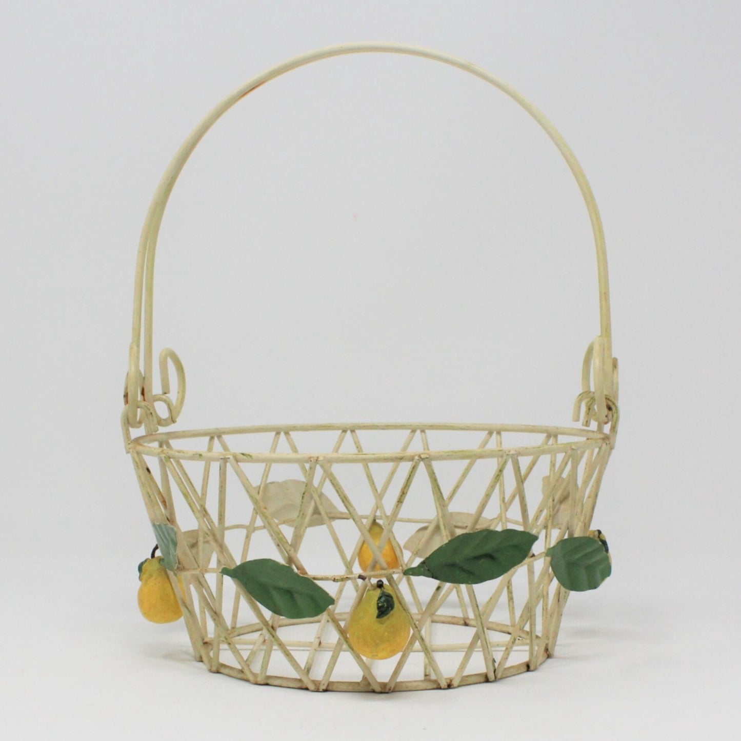 Vintage wire basket w/hand applied pears, rustic