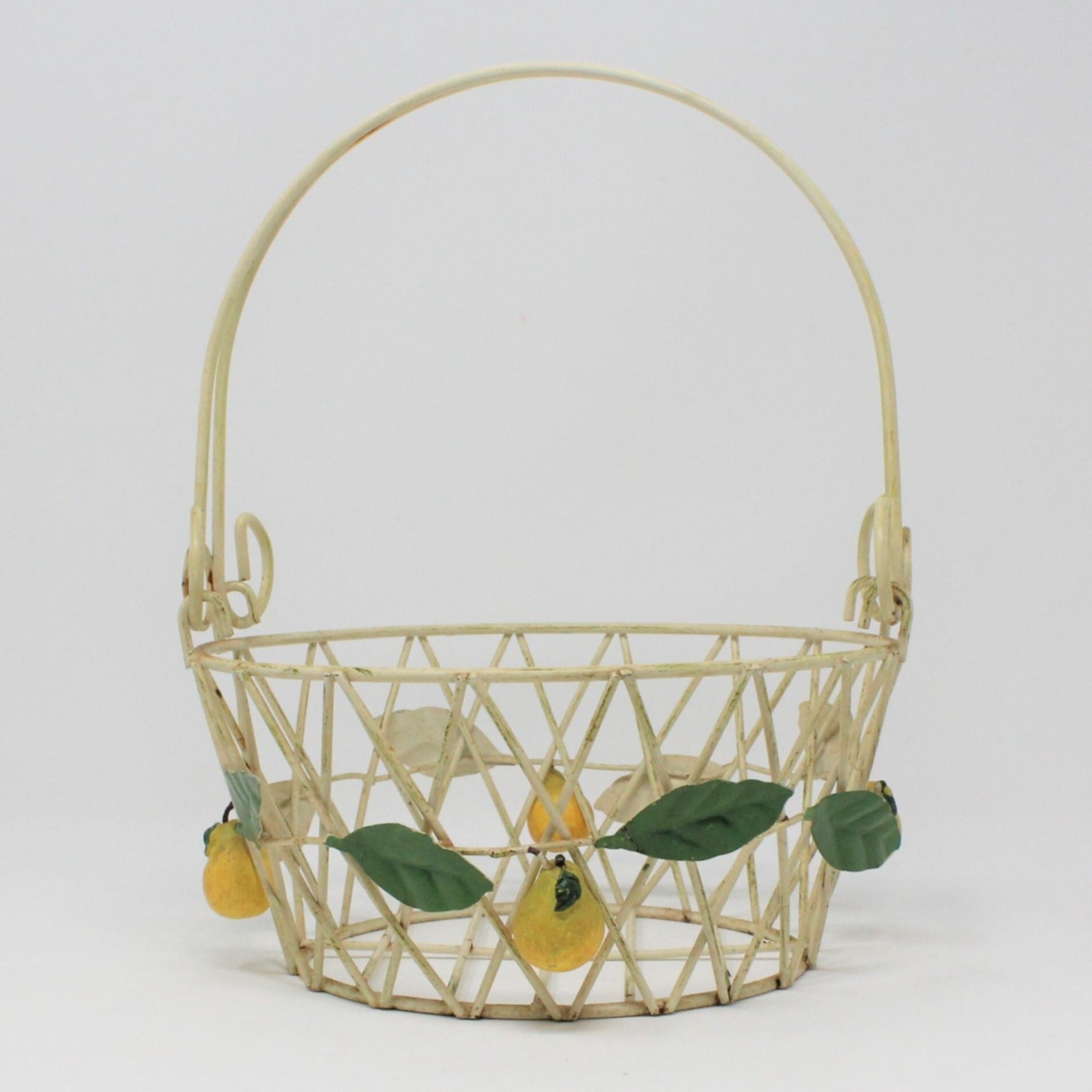 Vintage wire basket w/hand applied pears, rustic